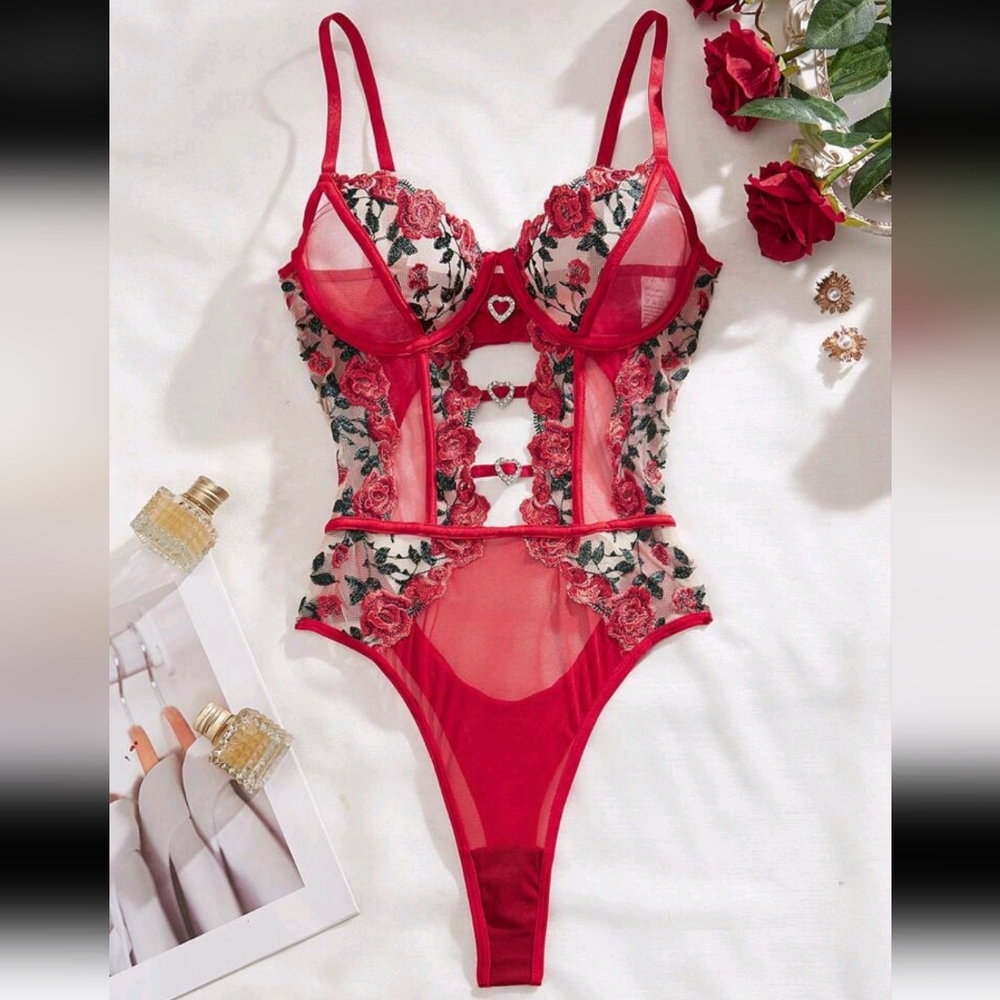 Rose Embroidered Panels Red Semi Sheer Mesh & Rhinestone Hearts Detail Teddy (S)
